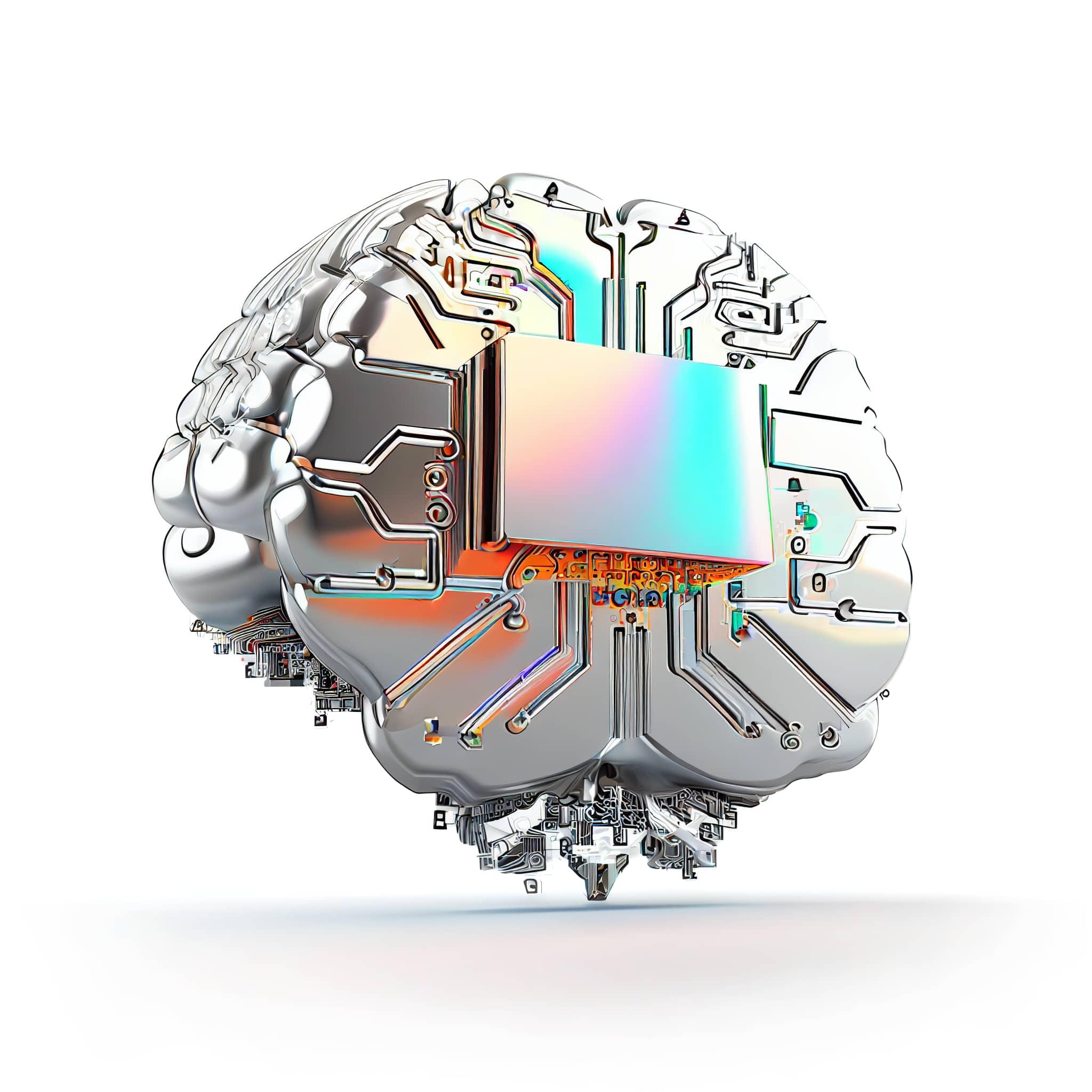 Shiny 3D render of simple brain with circuits chip, minimalist, radiating gradient color hues, silver, shiny, mirror, white background