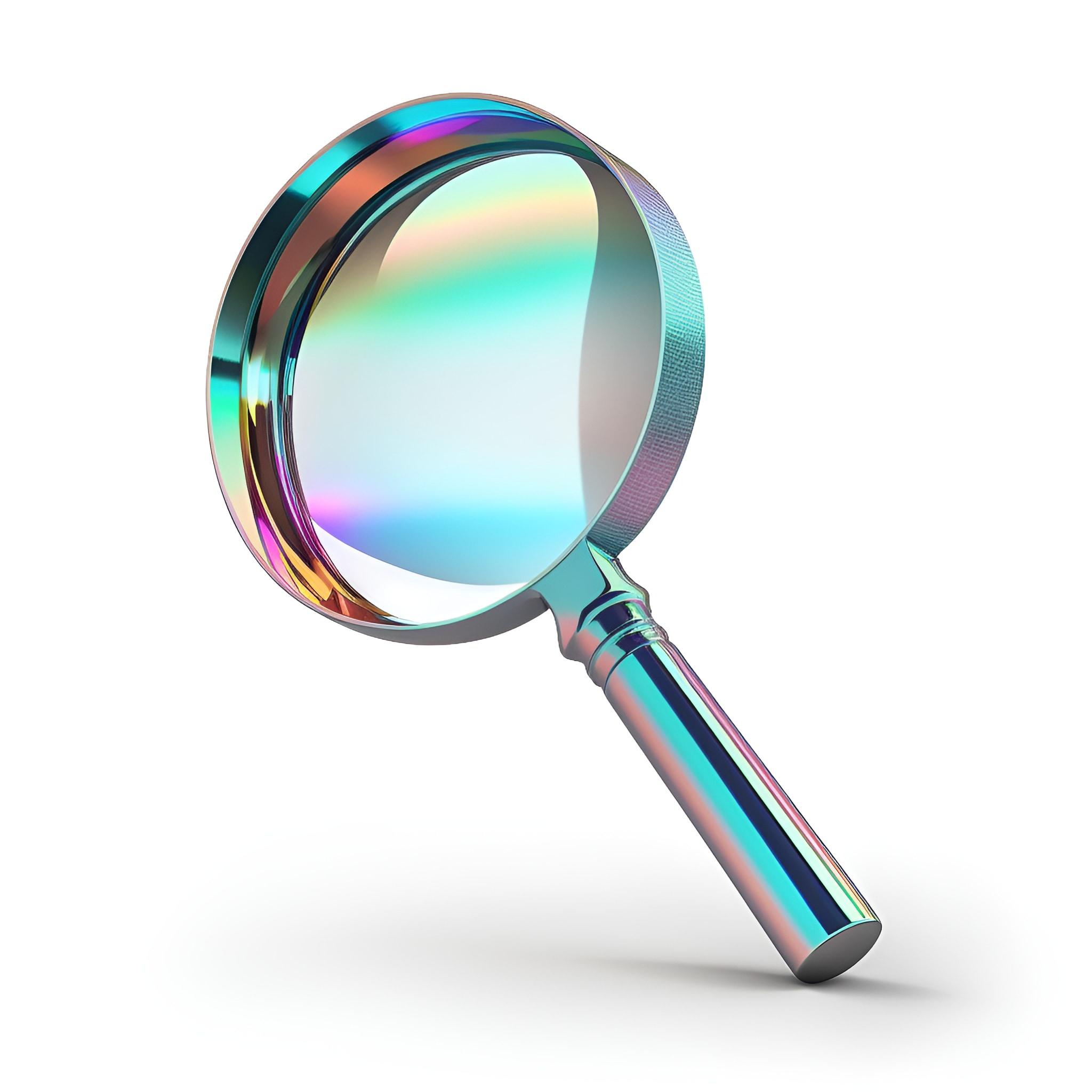 Shiny 3D model of simple magnifying glass, minimalist, radiating gradient hues, silver, shiny, mirror, white background